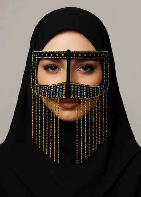 برقع دختر بندری پارچه مشکی با نگین‌های طلایی و آب